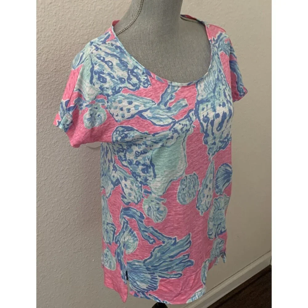 Lilly Pulitzer Mikela Top Pink Pout Barefoot Princess Blue SHELLS 100% Linen XS